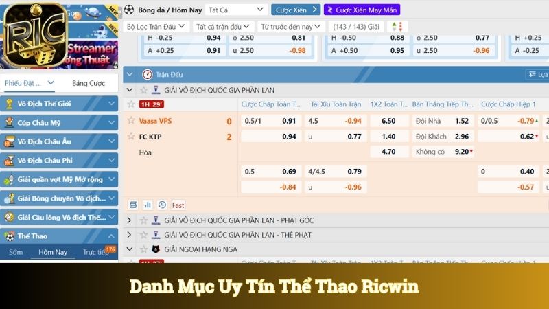 Danh mục uy tín thể thao Ricwin